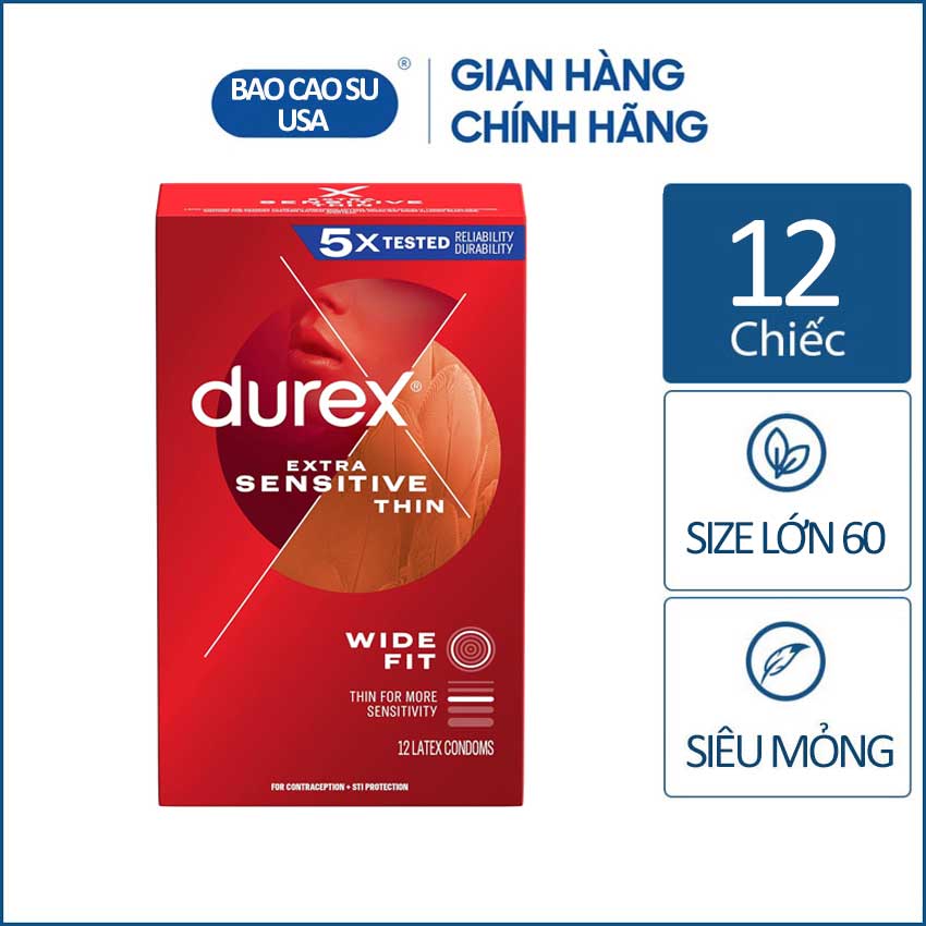 Bao cao su size lớn 60mm Durex Extra Sensitive siêu mỏng nhiều gel bôi trơn - Nhập Mỹ hộp 12 cái Có bán lẻ