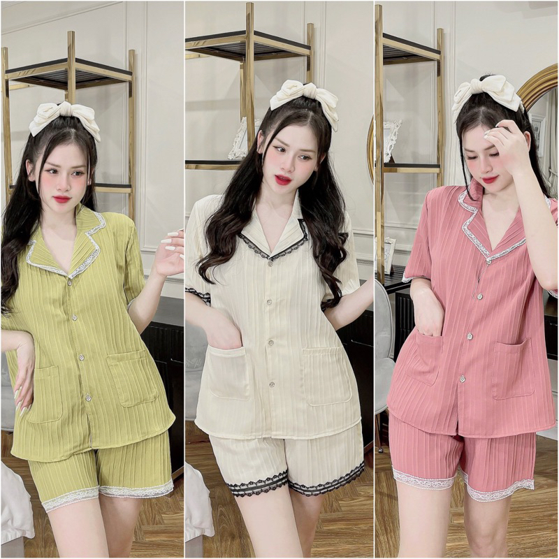 Đồ bộ Pijama đùi nữ mặc nhà chất liệu xốp đũi viền ren dễ thương JUSOKA