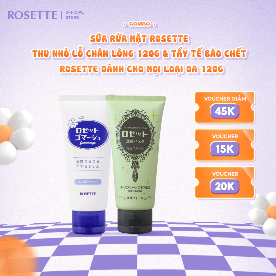 Combo Tẩy Tế Bào Chết Dành Cho Mọi Loại Da Rosette Gommage 120g Và Sữa Rửa Mặt Thu Nhỏ Lỗ Chân Lông Rosette 120g