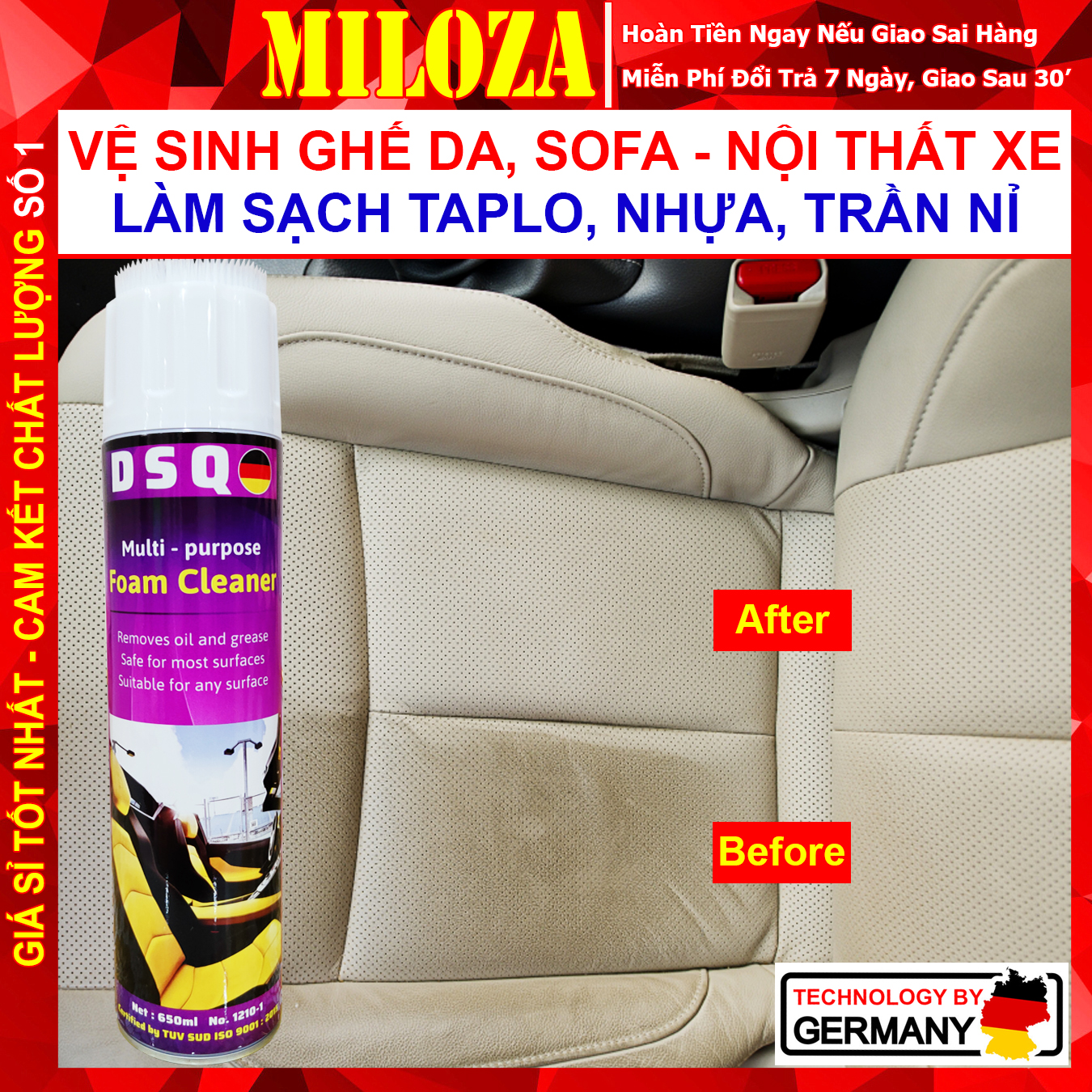 Chai Xịt Vệ Sinh Ghế Da, Sofa, Nhựa Nhám - Tẩy Vết Bẩn Trên Nội Thất Xe Hơi - FOAM CLEANER 650ML- MILOZA Nhập Khẩu