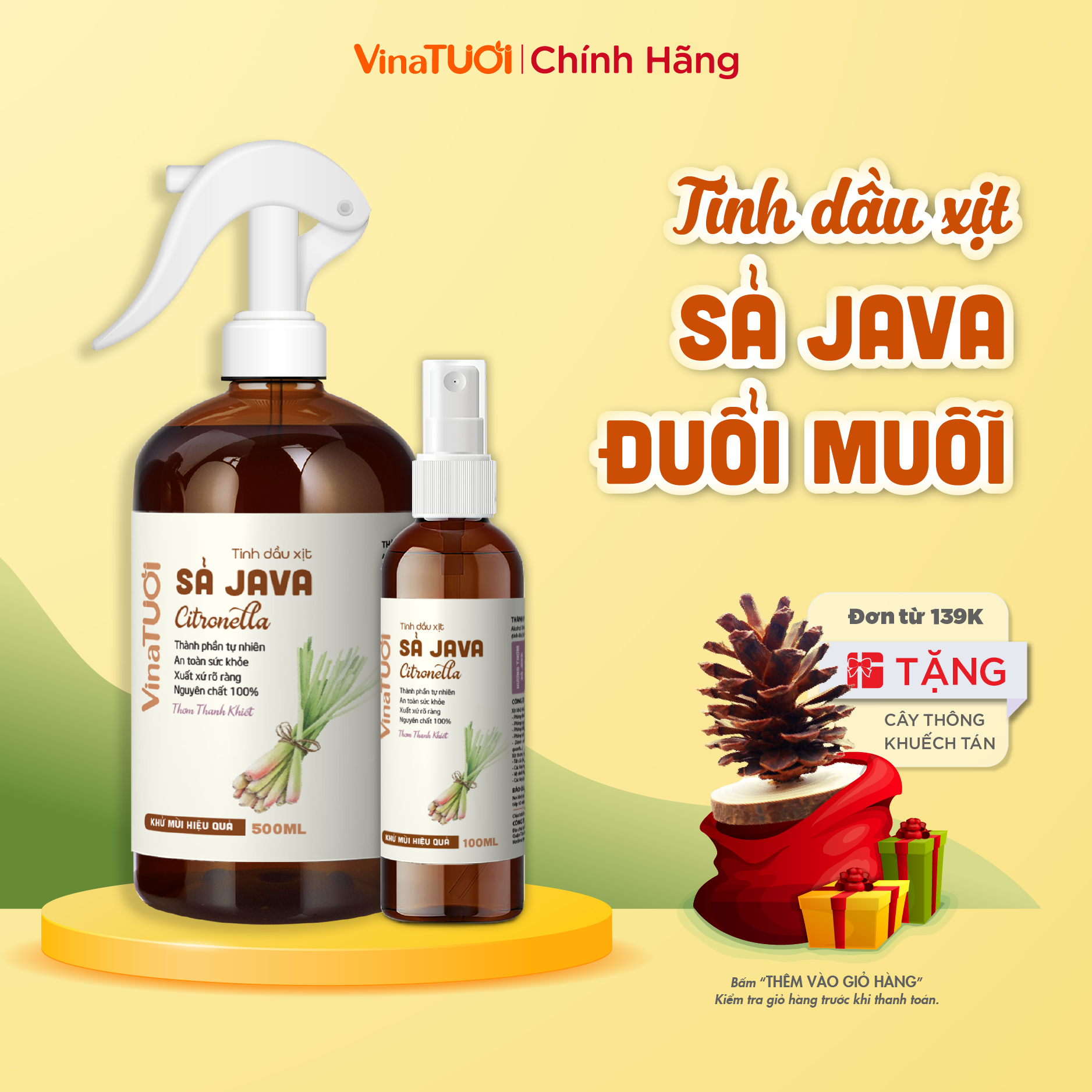 Chai Xịt Phòng Tinh Dầu Sả Java Đuổi Muỗi VINA TƯƠI 100ml-500ml Hương Thơm Thanh Khiết