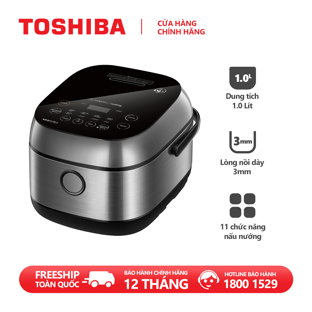 Nồi cơm cao tần Toshiba RC-10IP1PV - 1.0L - Lòng nồi dày 3mm chống dính, Cảm ứng có màn hình hiển thị, Công nghệ cao tần IH 1300W + nhiệt 3D - Hàng chính hãng, bảo hành 12 tháng, chất lượng Nhật Bản