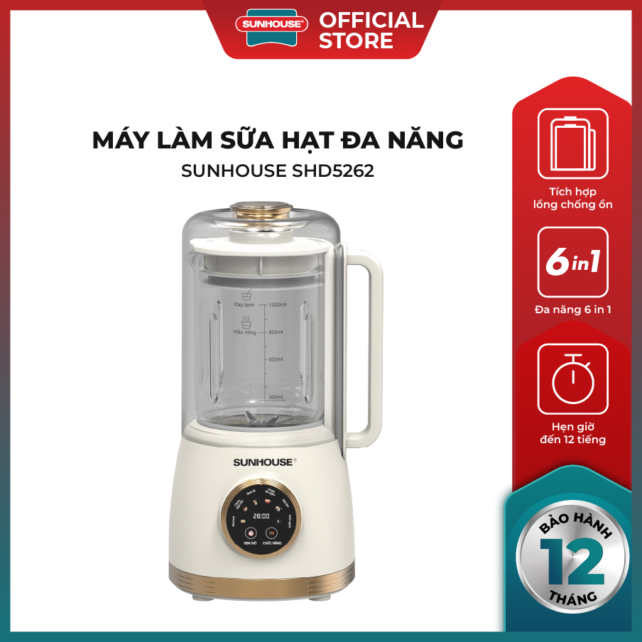 Máy làm sữa hạt đa năng Sunhouse SHD5262 - Tích hợp lồng chống ồn - 6 chức năng - Tự động làm sạch - Hẹn giờ tới 12h