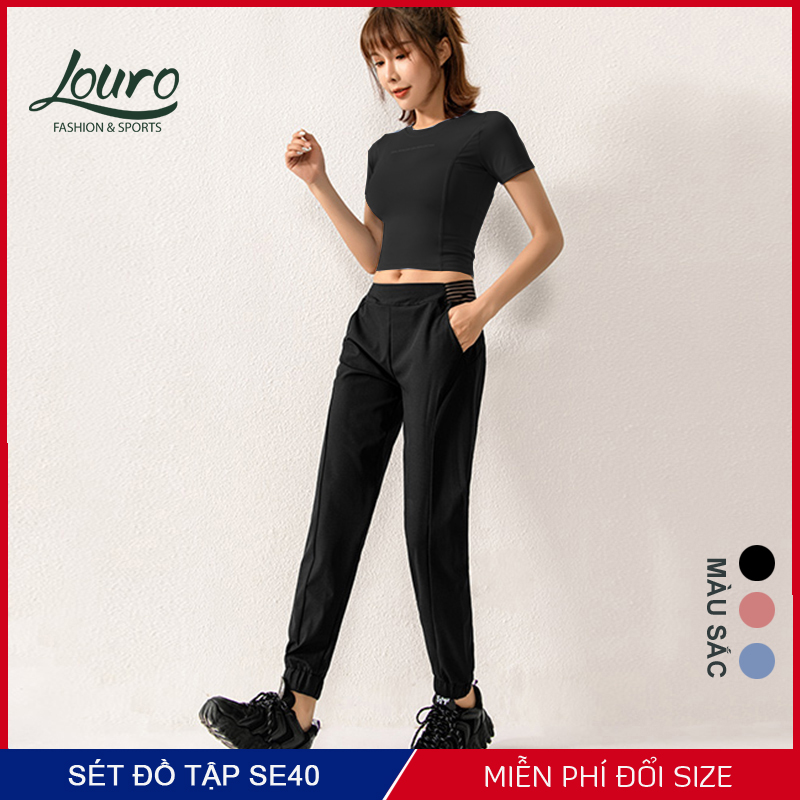 Bộ đồ tập gym, yoga nữ Louro SE40, kiểu quần joker nữ và áo tập gym nữ ngắn tay, chất siêu đẹp, co giãn, thoáng mát