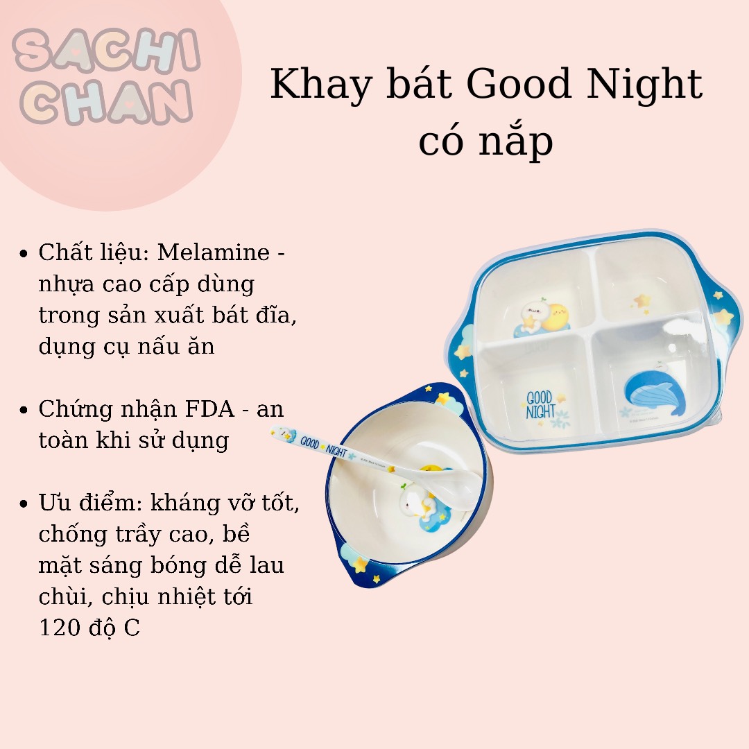 [Cửa tiệm Sachi Chan] Chén bát khay blw ăn dặm Good Night cho bé chất liệu Melamine cao cấp kèm nắp đậy