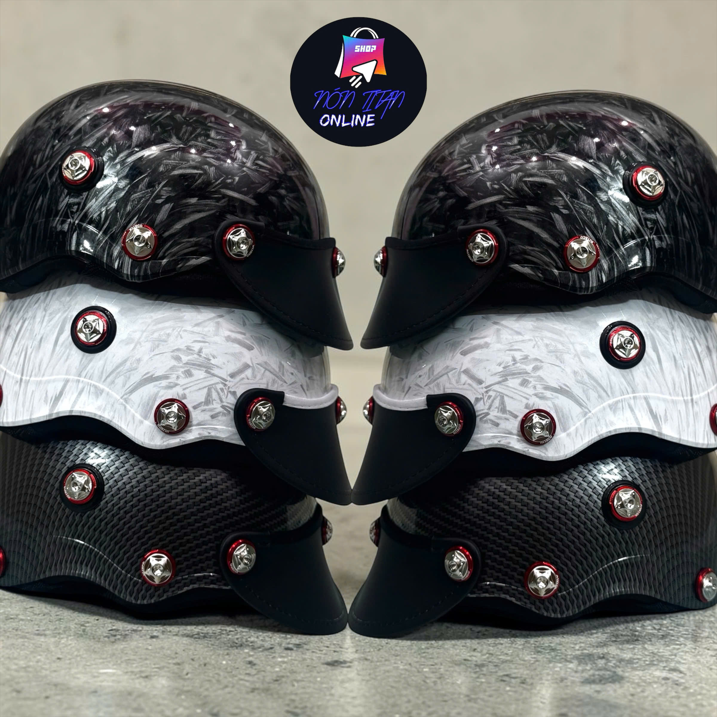 [Free Biker Sticker] Carbon Dipped Painted Helmet - Nano Coated Half Helmet - with 9 Red Salaya Screws and Titanium Gr5 Giá 260,000 Đồng*Miễn phí vận chuyển