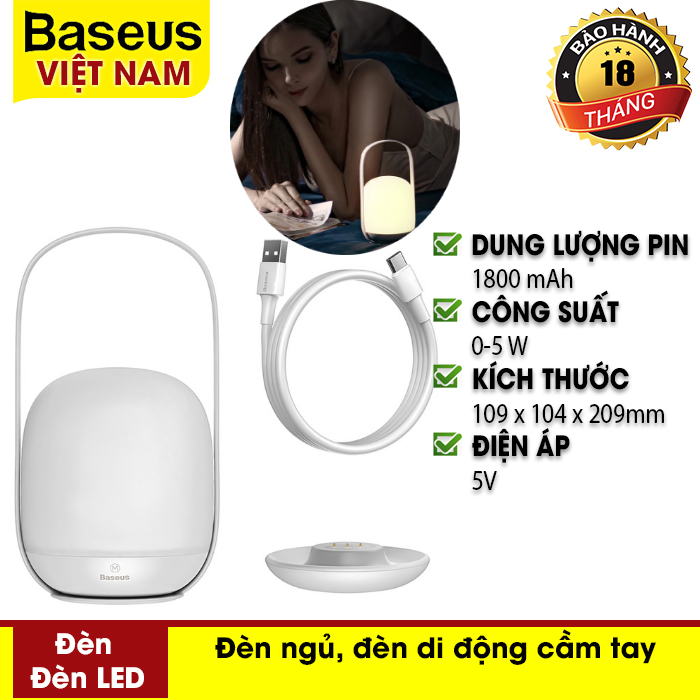 Đèn ngủ, đèn di động cầm tay Baseus Moon-white Series Stepless Dimming Portable Lamp với 3 chế độ sáng 3000K-5000K