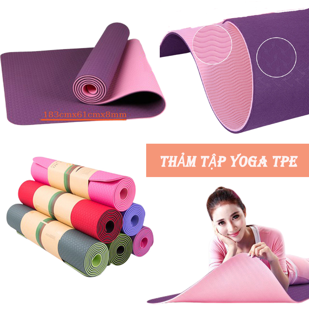 Thảm tập yoga, Thảm tập yoga TPE 8mm , thảm tập yoga chống trơn trượt , thảm tập yoga chống thấm nước , thảm tập yoga tặng kèm túi đựng.