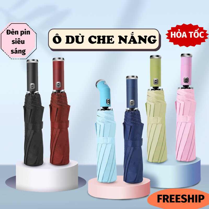 Ô che nắng dù che mưa tự động gấp gọn có đèn led chắc chắn cao cấp ô dù toki