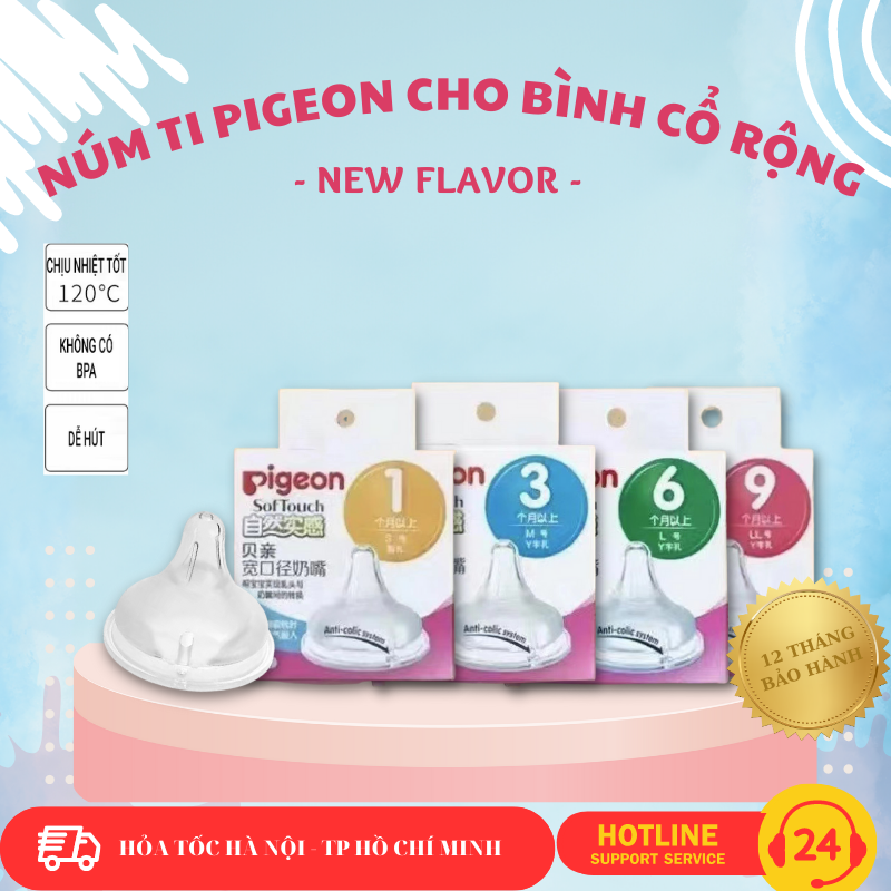 Núm ti pigeon đủ size s/m/l/ll dùng cho bình sữa pigeon cổ rộng ppsu và thuỷ tinh 120/240 ml