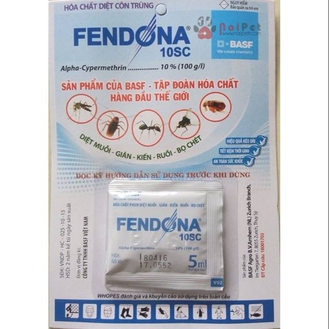 Hanpet - Vỉ 4 gói Thuốc muỗi FENDONA 10SC mỗi gói 5ml (có thể diệt ruồi, kiến gián, bọ chét và diệt côn trùng)
