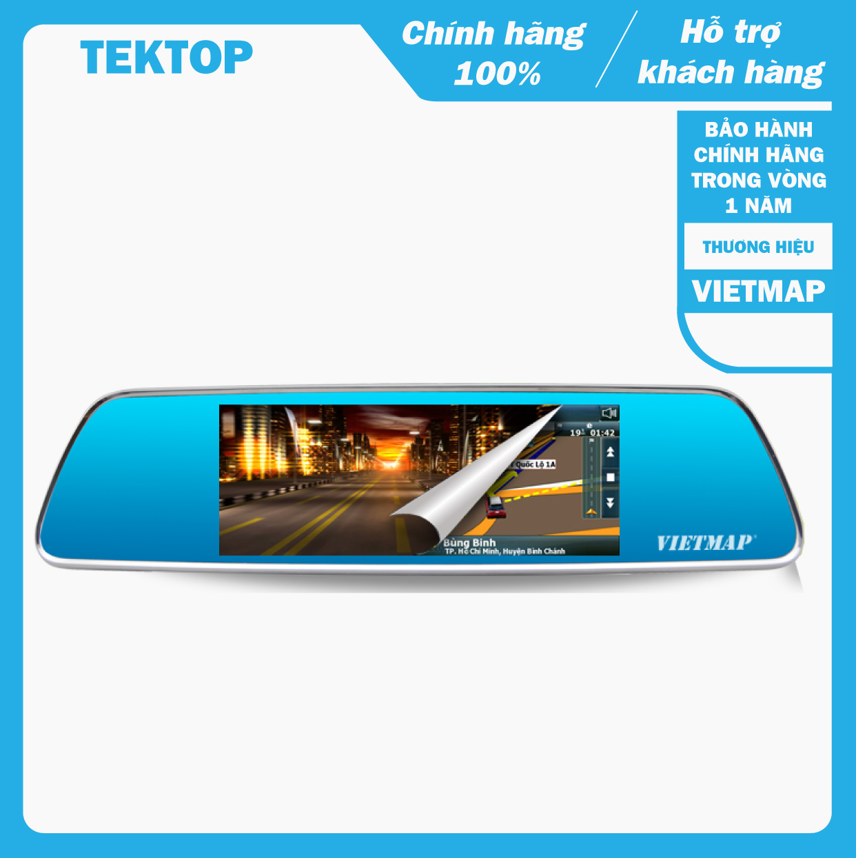 Camera hành trình VietMap iDVR P1, gương chiếu hậu tích hợp dẫn đường, ghi hình cùng lúc trước và sau xe ôtô,