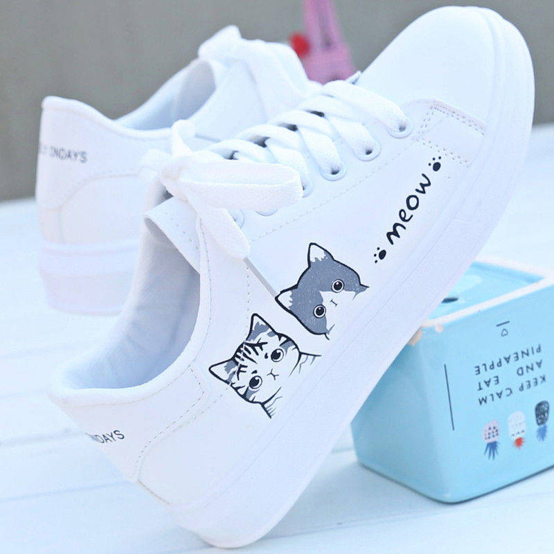 ViVi shoes Store 【Free Shipping Miễn phí vận chuyển】Da trắng trắng giày dép mùa xuân năm 2021 hàn quốc hàng loạt học sinh giày dép giày đỏ mèo giày dép trắng