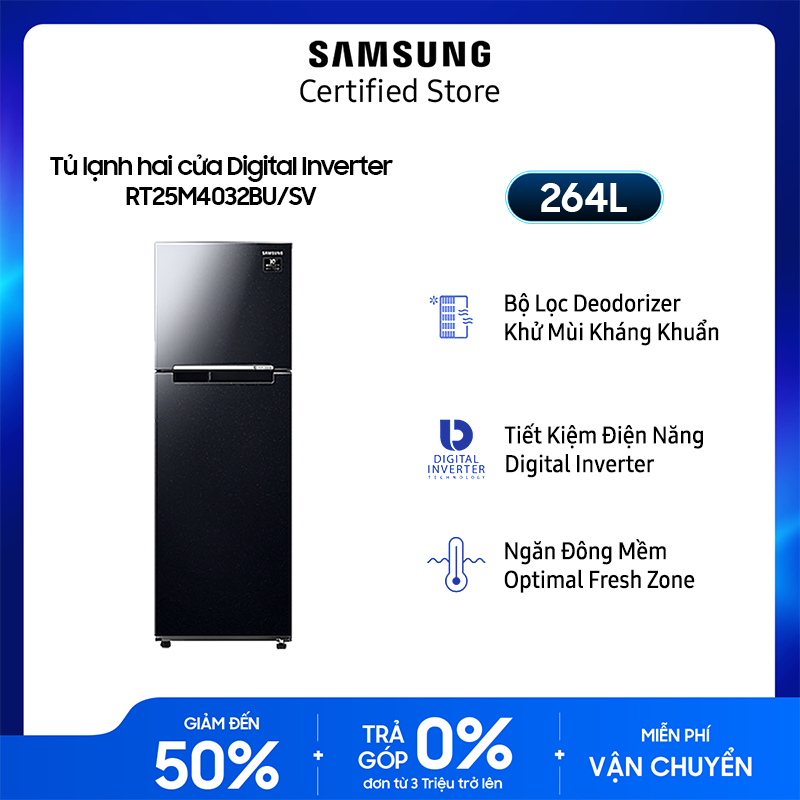 [Miễn phí COD Giao + Lắp Hà Nội[VOUCHER Upto 1 Triệu][Trả góp 0%] Tủ lạnh Samsung hai cửa Digital Inverter 264L (RT25M4032BU)  Ngăn đông mềm  Optimal Fresh Zone  Vận hành ổn định, bền bỉ  Khử mùi, diệt khuẩn