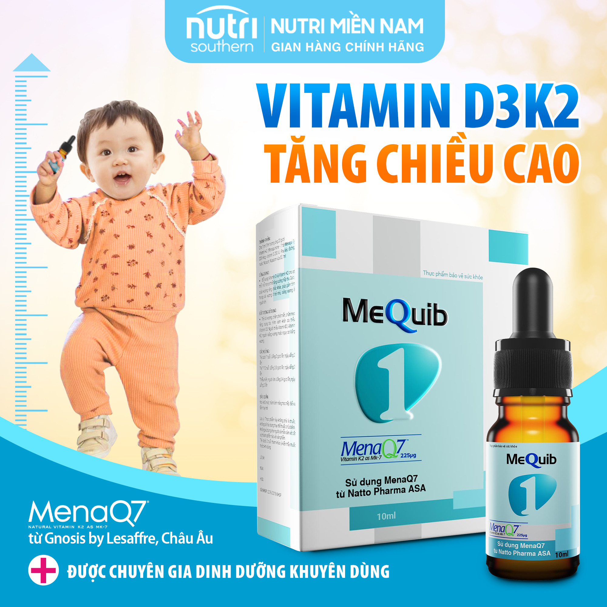 Vitamin D3K2 MK7 (MenaQ7) MEQUIB 1 - Tăng Cường Hấp Thu Canxi Và Phát Triển Chiều Cao (Chai 10ml)