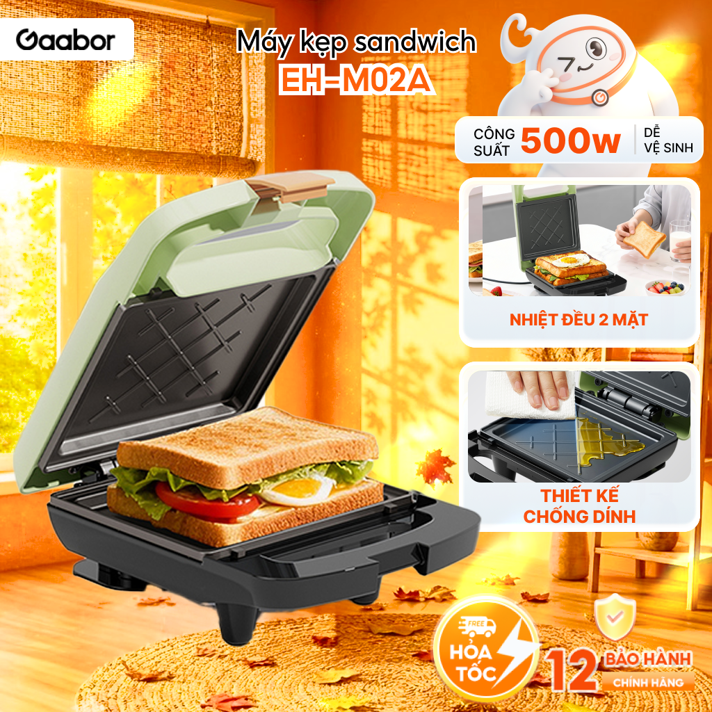 Máy kẹp nướng sandwich bánh mì lát Gaabor EH-M02A lòng chống dính - Bảo hành 12 tháng 1 đổi 1