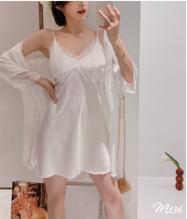 Set váy ngủ hai dây kèm áo choàng lụa tay lỡ cao cấp phối ren gợi cảm