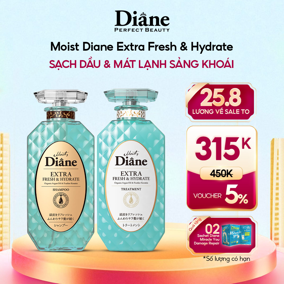 Dầu Gội Dầu Xả Sạch Dầu Và Dưỡng Ẩm Da Đầu Moist Diane Extra Fresh & Hydrate, Tinh Dầu Thiên Nhiên 450ml