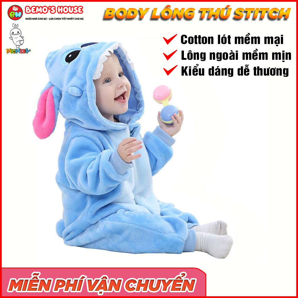 [FREESHIP MAX] Bộ body lông hình thú Stitch, ấm áp, bộ áo liền quần cho bé 0-2, bodysuit dày dặn dễ thương cho bé trai và bé gái.