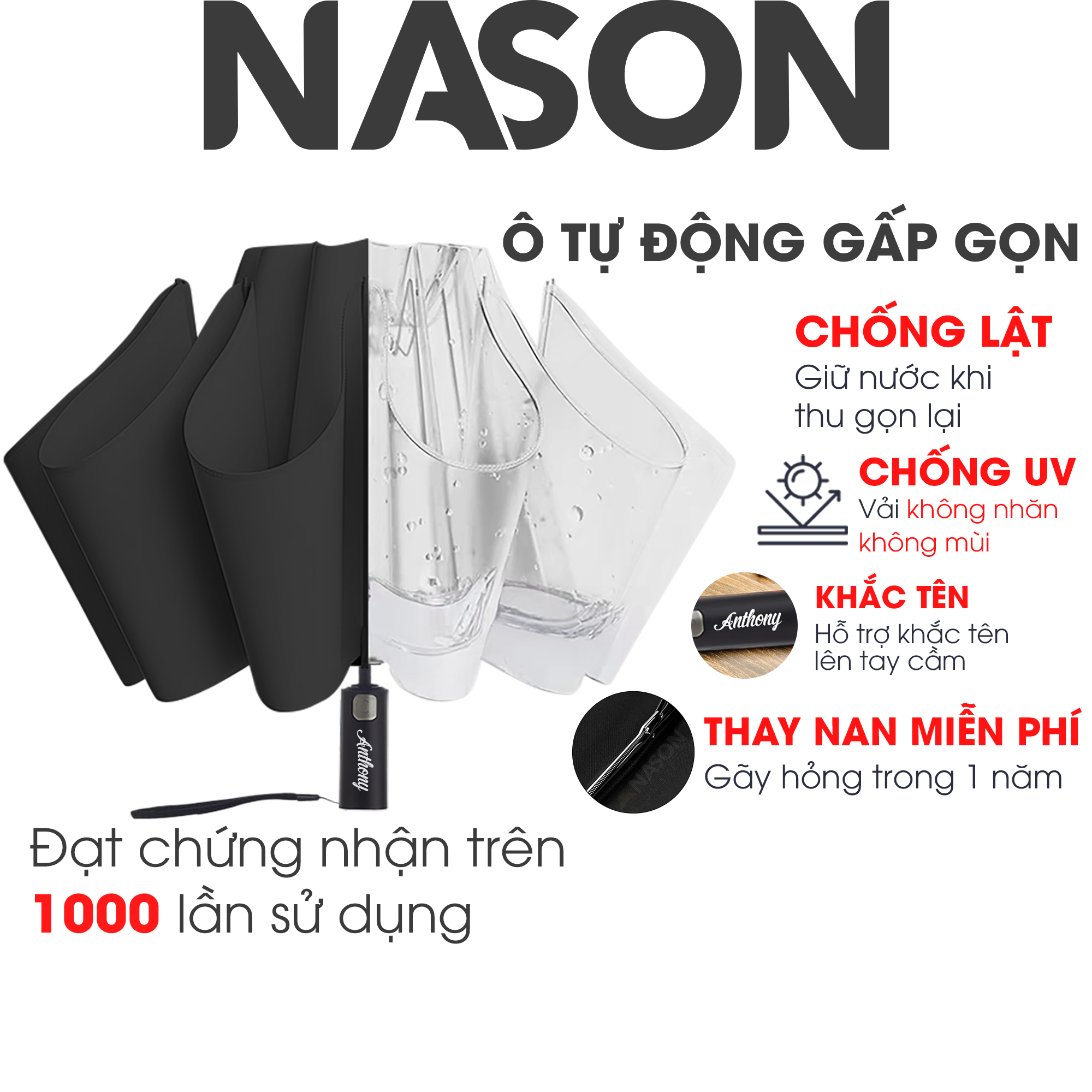 Ô dù đi mưa tự động thông minh hai chiều NASON UMBRELLA, tối ưu hóa khả năng giữ nước, vải phủ lớp nano chống tia UV, khung chắc chắn chống gió bão cấp 6