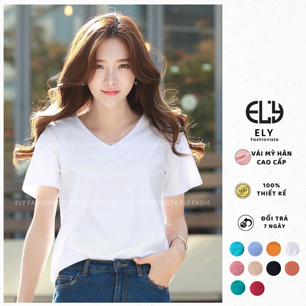 Áo phông cổ tim nữ form rộng co giãn 4 chiều màu trắng đen thời trang đẹp Áo thun nữ cổ tim kiểu basic co giãn 4 chiều cao cấp vừa xinh ELY205