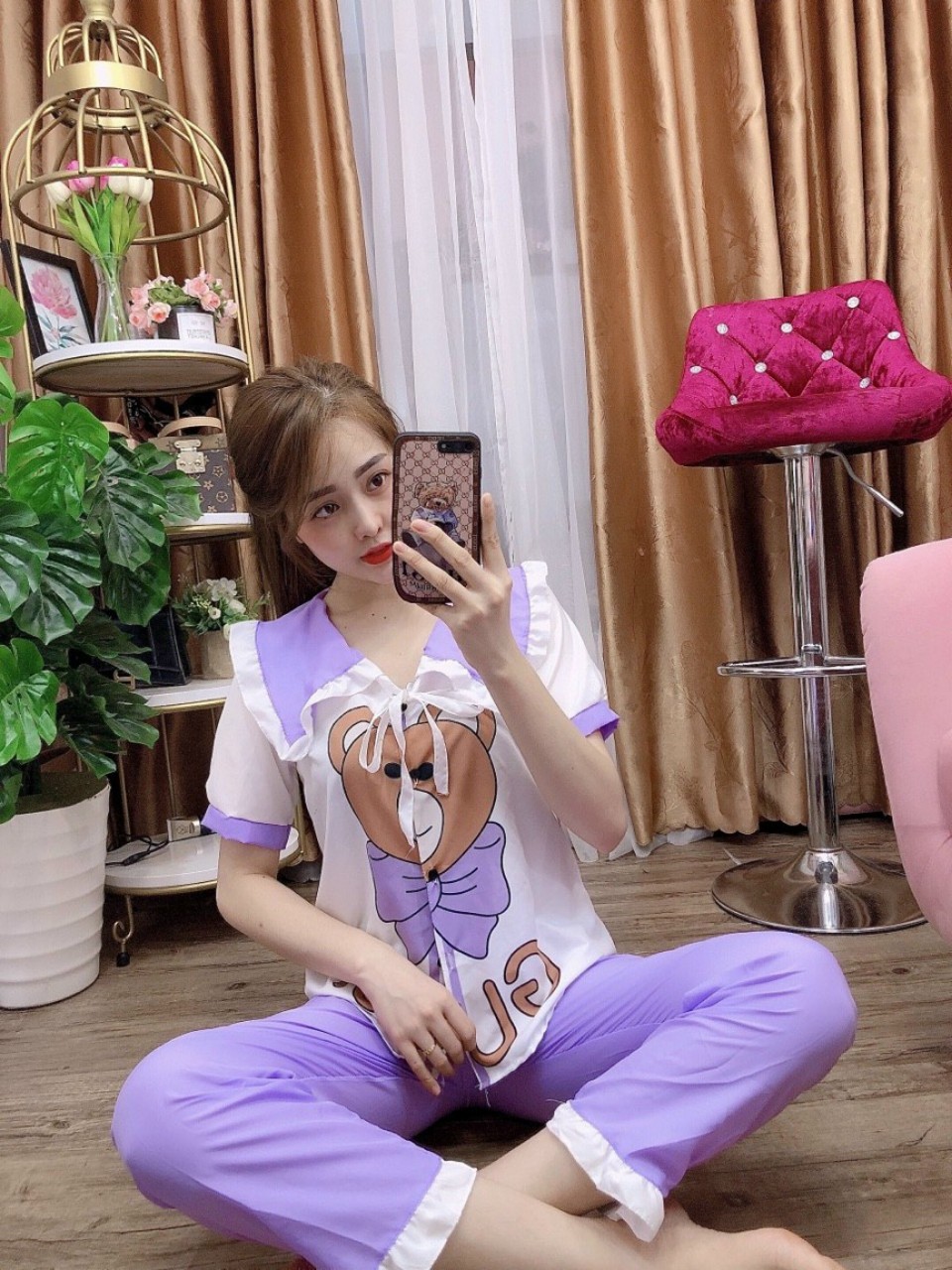 Bộ pijama nữ quần dài tay ngắn freesize 54kg vải lụa hàn mềm, may kỹ