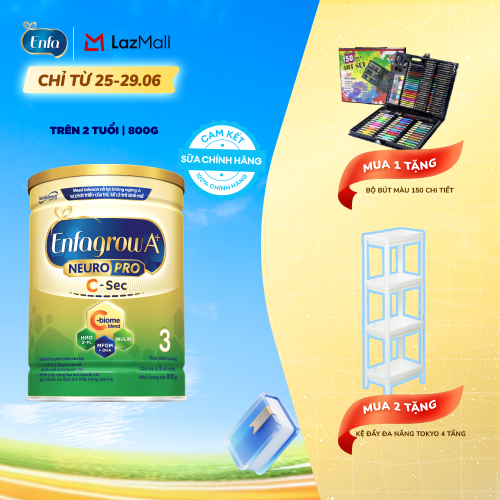 [CHỈ TỪ 25-29/06 MUA LÀ CÓ QUÀ] [Cho cả trẻ sinh mổ] Sữa bột Enfagrow A+ NeuroPro 3 C-Sec 800g cho trẻ trên 3 tuổi