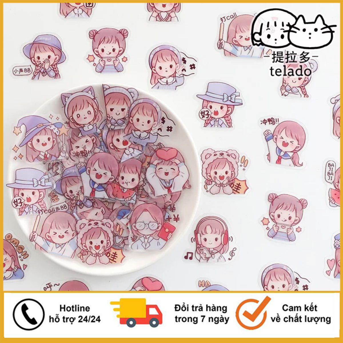BỘ 1000 STICKER HÃNG TELADO CÔ GÁI VÀ BÉ THỎ kèm hộp (Set 100 sticker slides) - Bộ 1000 sticker dễ thương dán trang trí sổ. điện thoại. cốc , laptop .. có hộp đựng đi kèm, 1000 miếng dán sticker cute