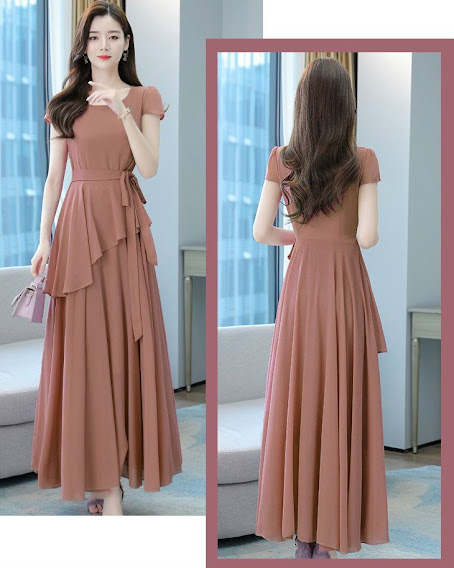 Đầm xòe dài phối tà xéo thắt eo