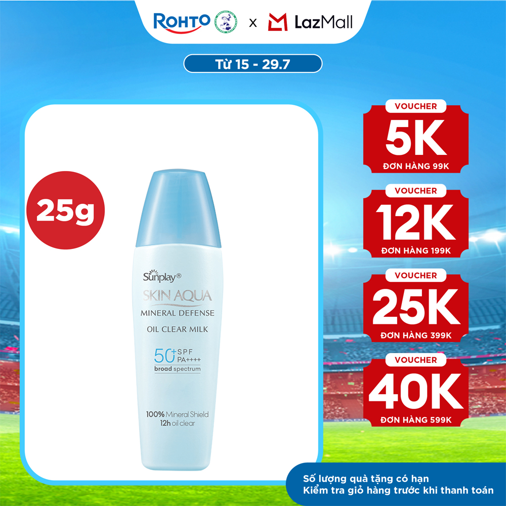 Kem chống nắng vật lý Skin Aqua kiềm dầu, dạng sữa dùng hàng ngày Sunplay Skin Aqua Mineral Defense Oil Clear Milk SPF50+ PA++++ 25g