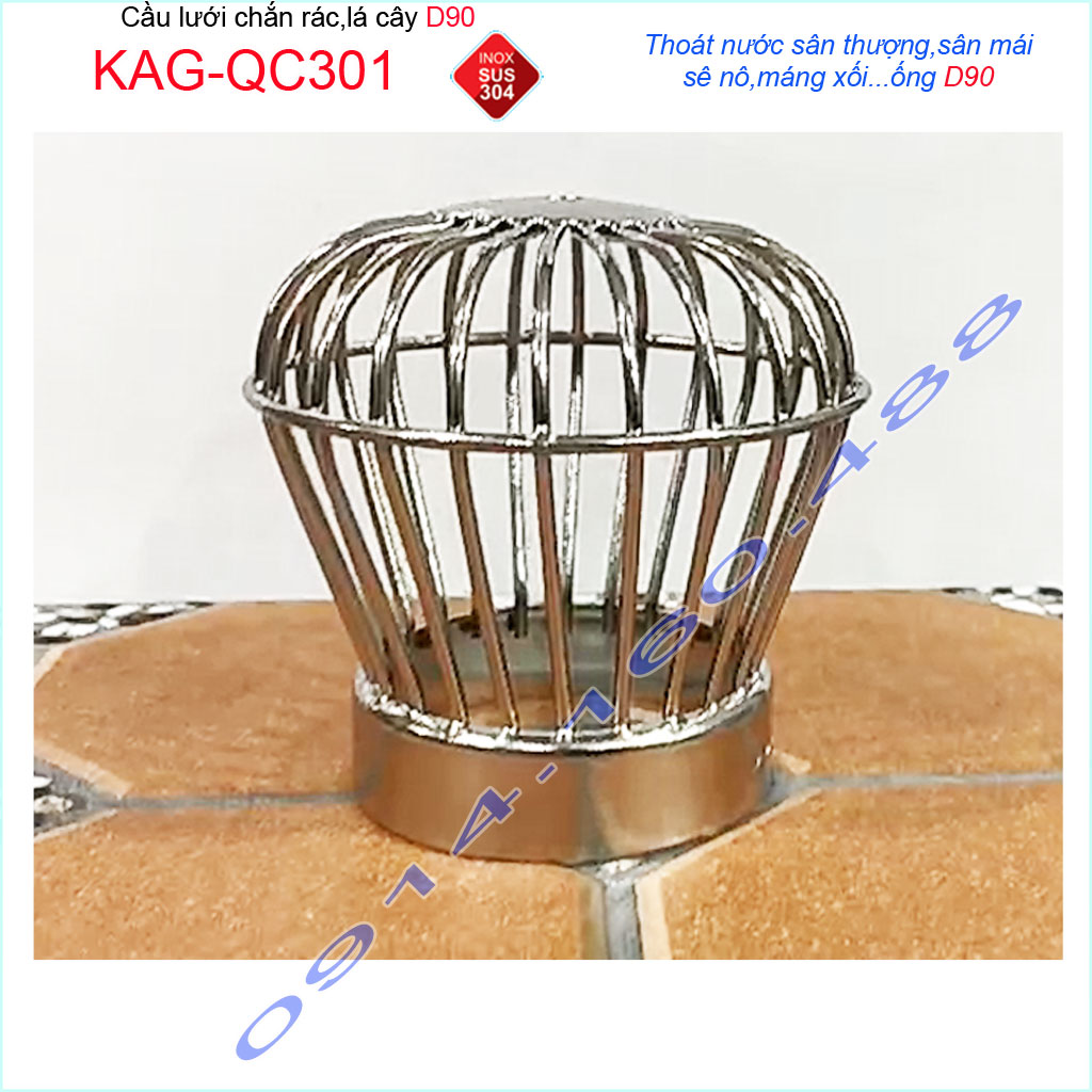 Cầu chắn rác sân thượng KAG-QC301 (ống D90), Cầu chặn rác Inox 304 đế thấp thả ống D90, cầu lưới lọc rác thoát nước mưa thoát nhanh sử dụng tốt