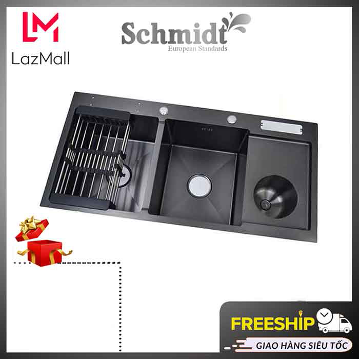 Chậu rửa chén bát hai hố Schmidt inox sus304 phủ nano đen chống trầy xước, bồn rửa bát có bàn chờ và hộc chứa rác – Hàng chính hãng
