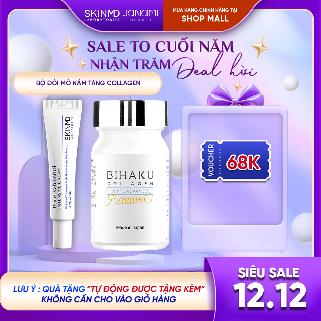 Bộ đôi mờ nám sáng da SkinMD Pure Whitenol Intensive Cream + Bihaku Colagen Premium