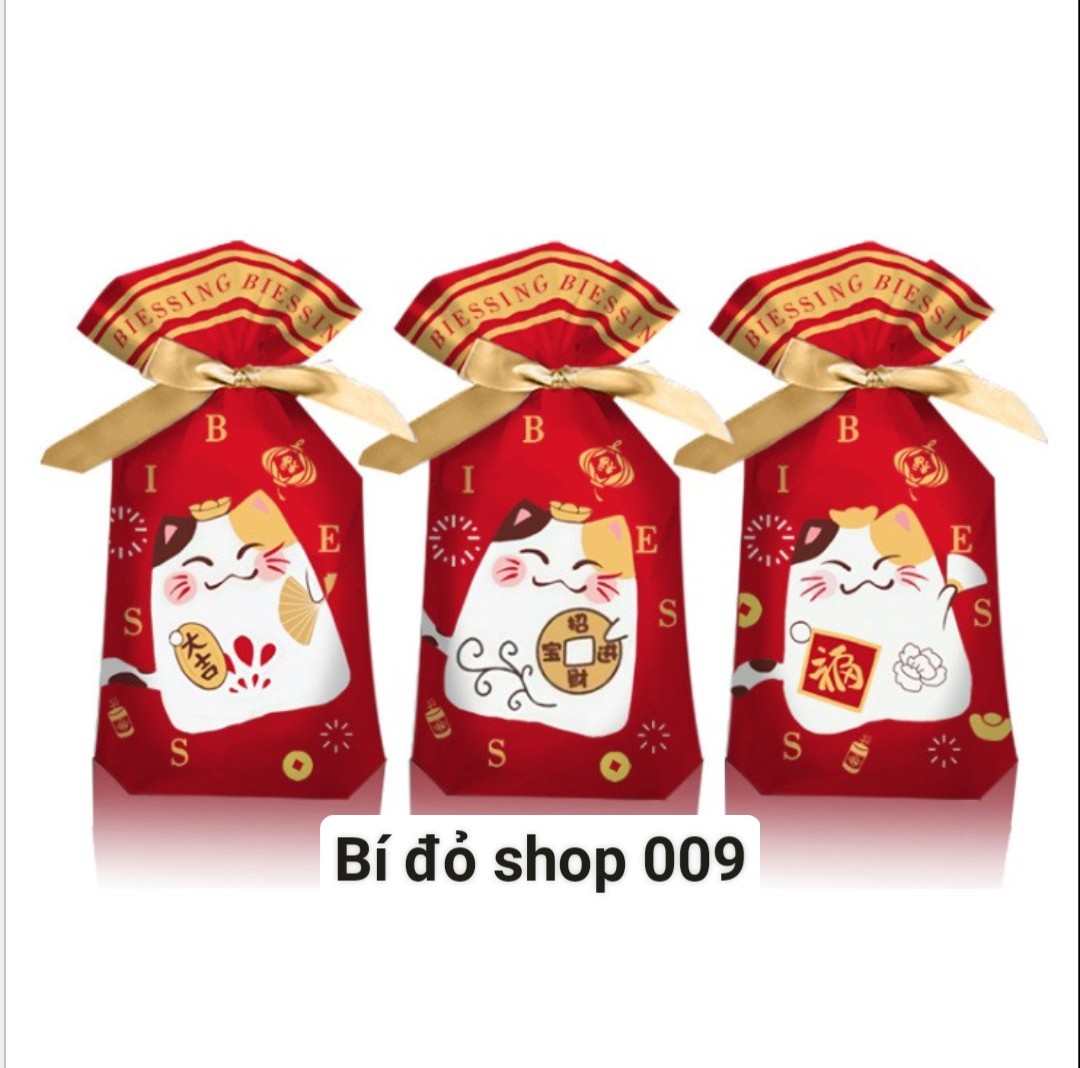 Set 10 túi RÚT NƠ Mèo Tài Lộc ĐỎ đựng bánh, kẹo Tết size 15,5cm*23cm - Bí đỏ shop Nguyên liệu dụng cụ làm bánh