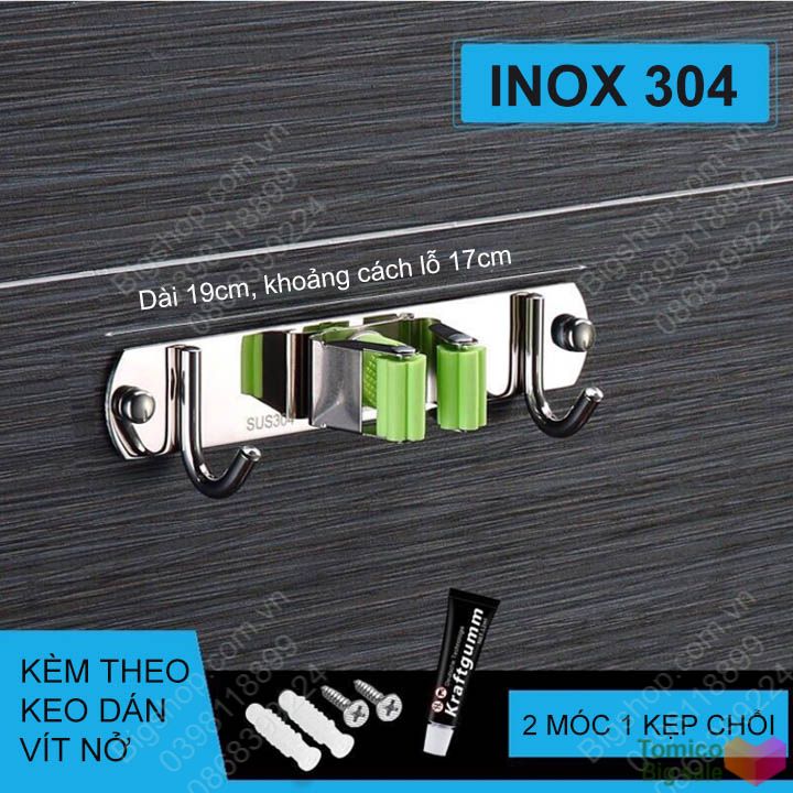 Móc kẹp giữ chổi và treo đồ đa năng bằng inox 304, dùng keo dán hoặc vít