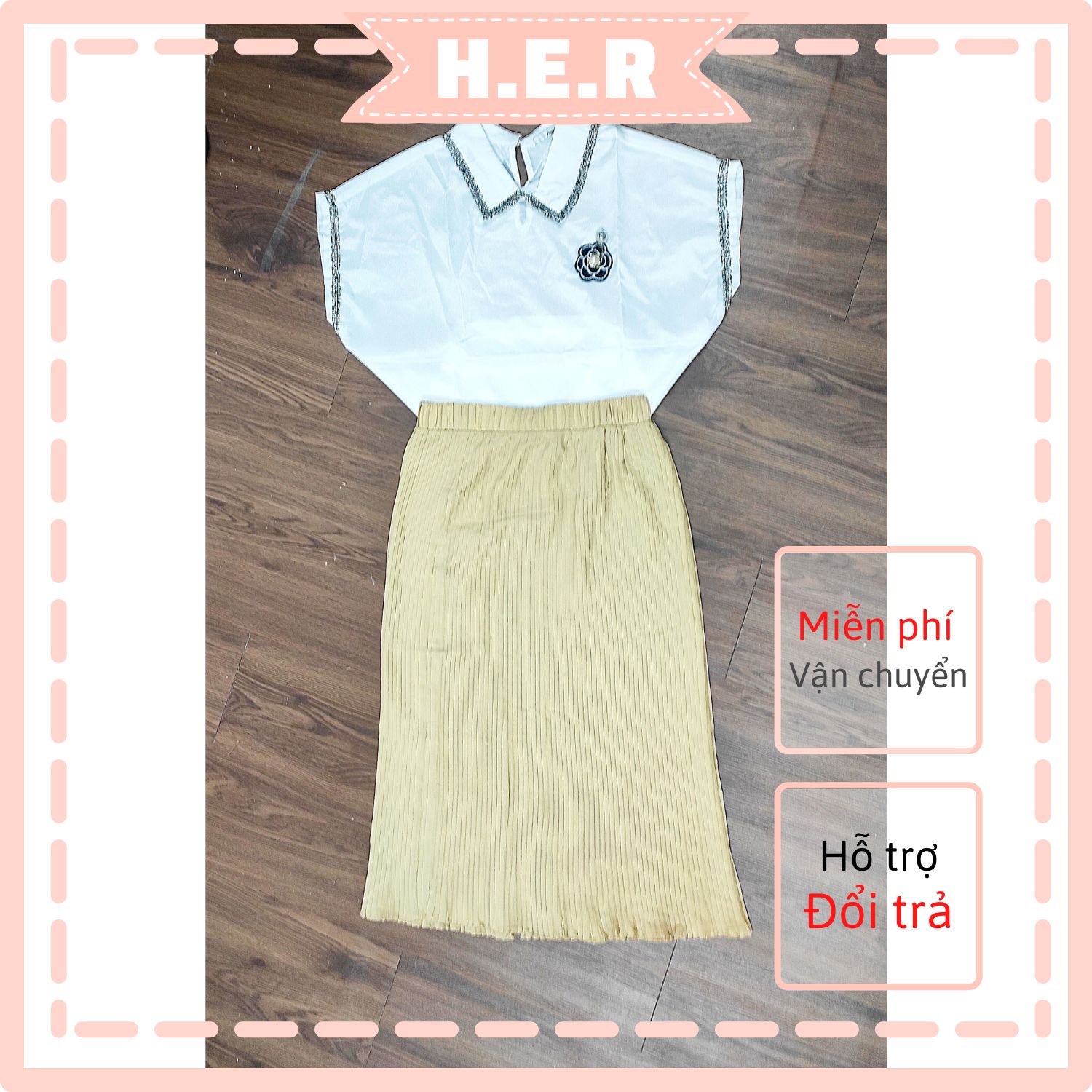 Áo Sơ mi Công sở Nữ Lụa đính Hoa Trà + Chân váy Xếp ly Nhỏ dáng Dài CÓ QUÀ TẶNG KÈM Áo cộc tay nữ chất lụa Chân váy Dài