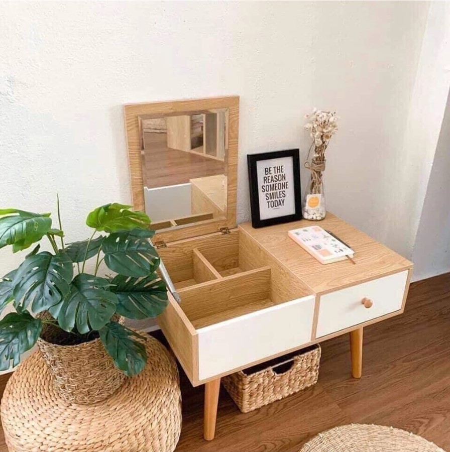 Bàn phấn,bàn trang điểm gỗ tự nhiên hiện đạiBàn trang điểm ngồi bệt mini Có trang bị Gương & Chân Gỗ Tự nhiên lên màu sơn PU đẹp 60x35x40 cm,mở gương:60 x 35 75