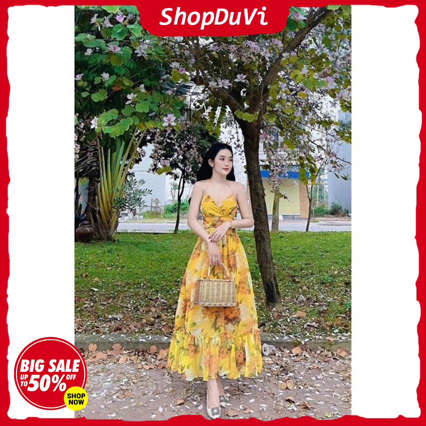 Đầm 2 dây trễ vai , váy hoa nhí vintage , váy đi biển sexy midi có mút ngực , đầm maxi voan hoa 3m