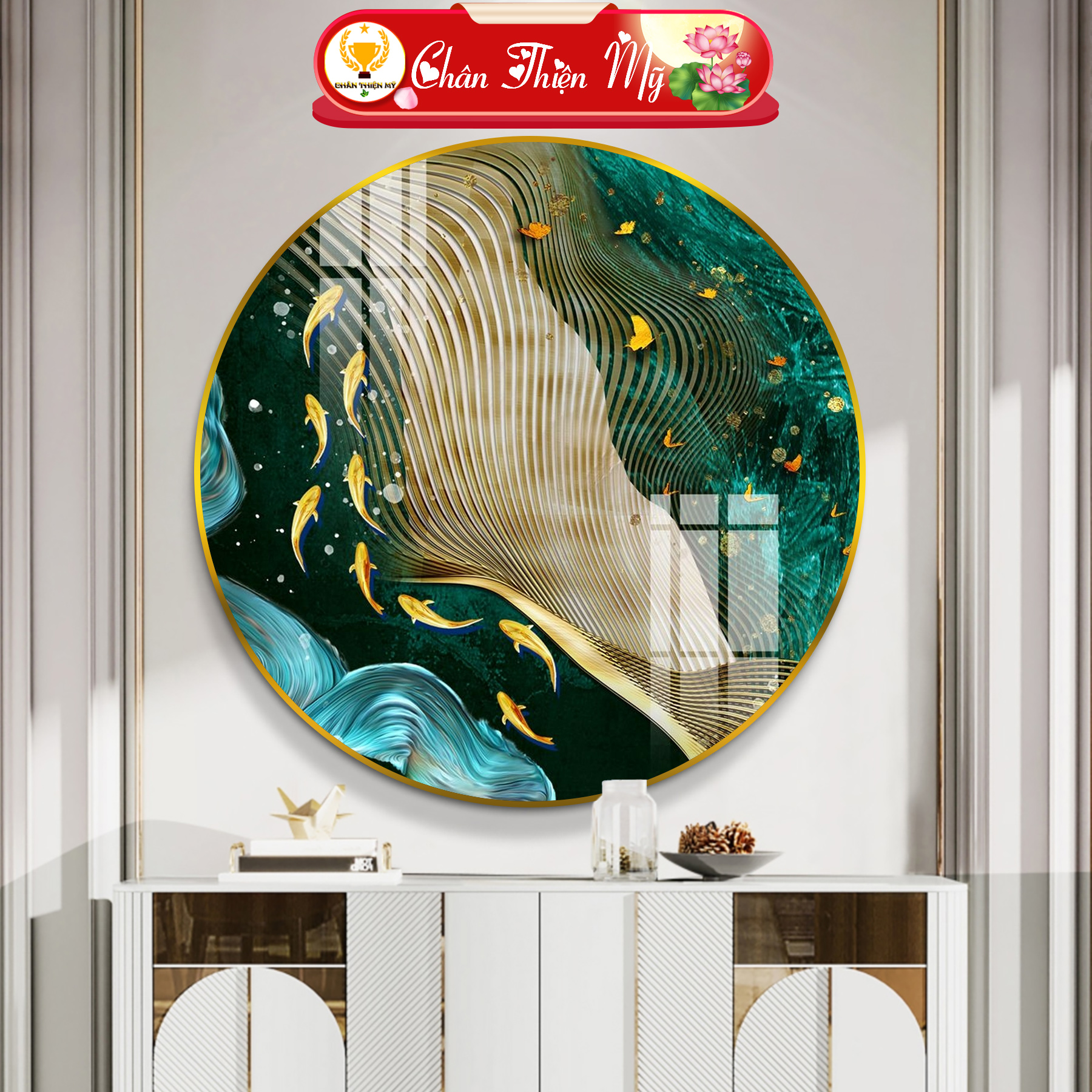 Tranh Tráng Gương Pha Lê Tròn CHÂN THIỆN MỸ, Tranh Decor Treo Tường Trang Trí Phòng Cá Vàng Trừu Tượng TG-T1-020