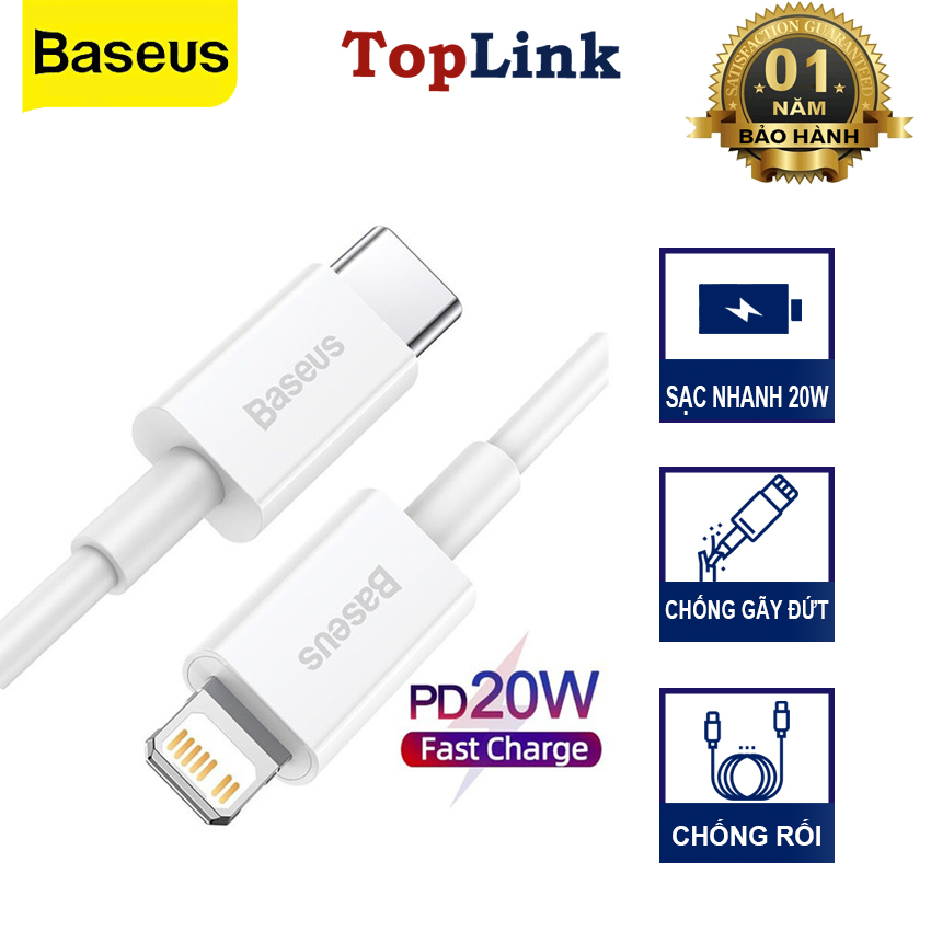 Dây cáp sạc nhanh iphone pd 20w baseus catlys superior series type-c to lightning, q.c 3.0, truyền dữ liệu nhanh 480mbps - toplink