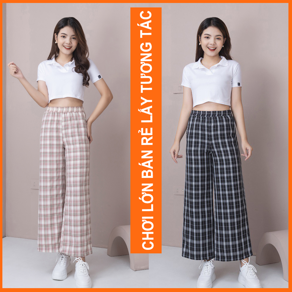 Quần caro ống rộng cạp chun Madela