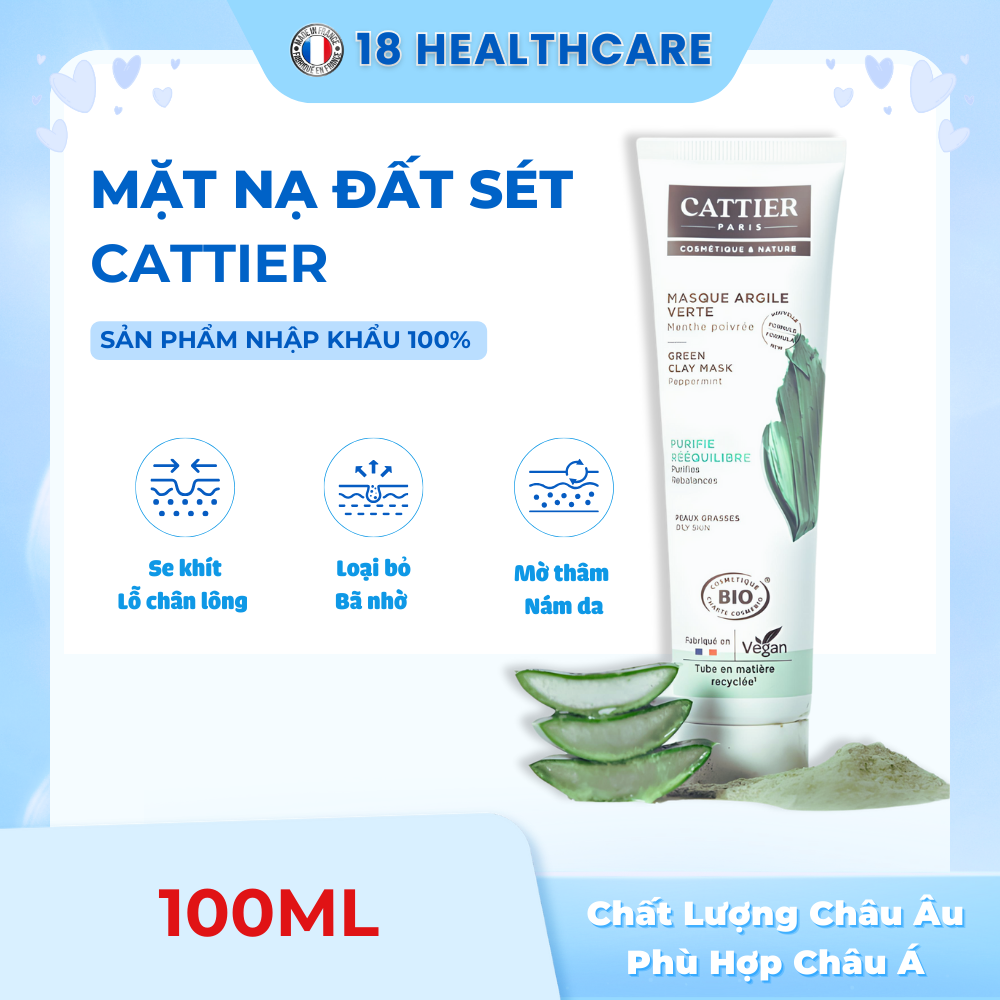 Mặt Nạ Đất Sét Cattier Green Clay Mask Se Khít Lỗ Chân Lông, Phục Hồi Da, Giảm Thâm Mụn 100ml