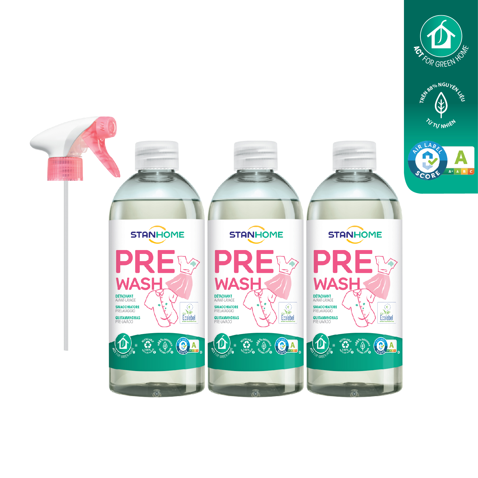 Set 3 Xịt xử lý vết bẩn trước khi giặt kèm 1 vòi xịt  Stanhome Pre Wash Ecolabel  500ml/chai