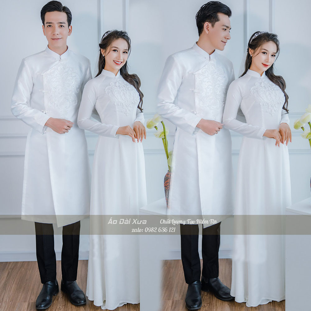 Áo dài cưới cô dâu chú rể cặp trắng cưới hỏi mb18