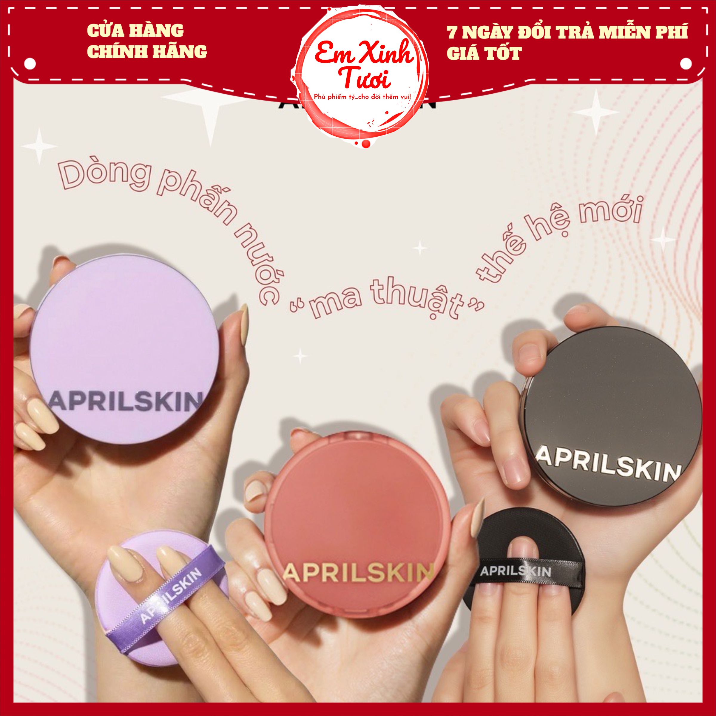 Phấn nước aprilskin magic snow cushion / april skin ultra slim cushion / aprilskin hero cushion vỏ đen, tím, đỏ - em xinh tươi