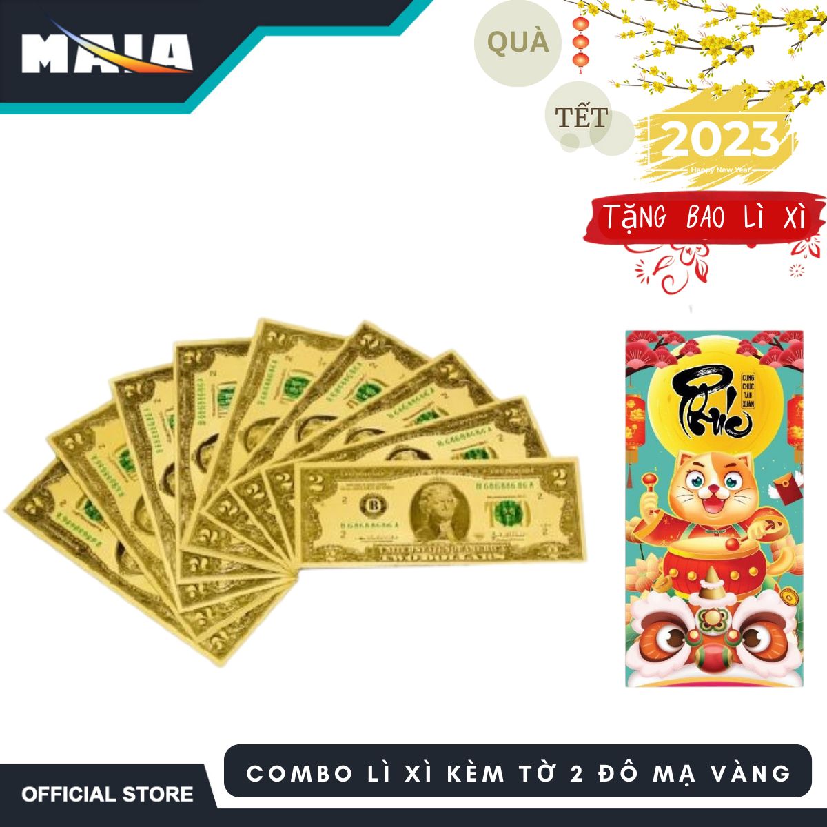 Lì xì kèm tờ 2 đô mạ vàng may mắn - qùa tặng tết 2023 - maia store