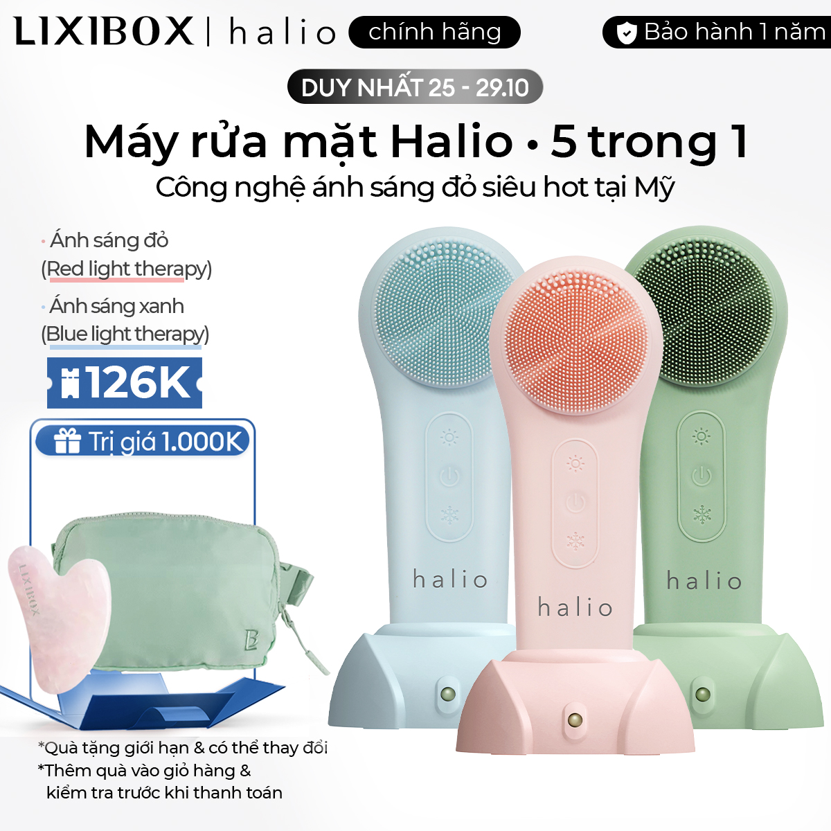 [KÈM ĐẾ SẠC] Máy Rửa Mặt Massage Tích Hợp Liệu Pháp Ánh Sáng Và Nhiệt Halio Multi-Task Cleansing & Massaging Device With Red Blue Light Therapy 5 In 1