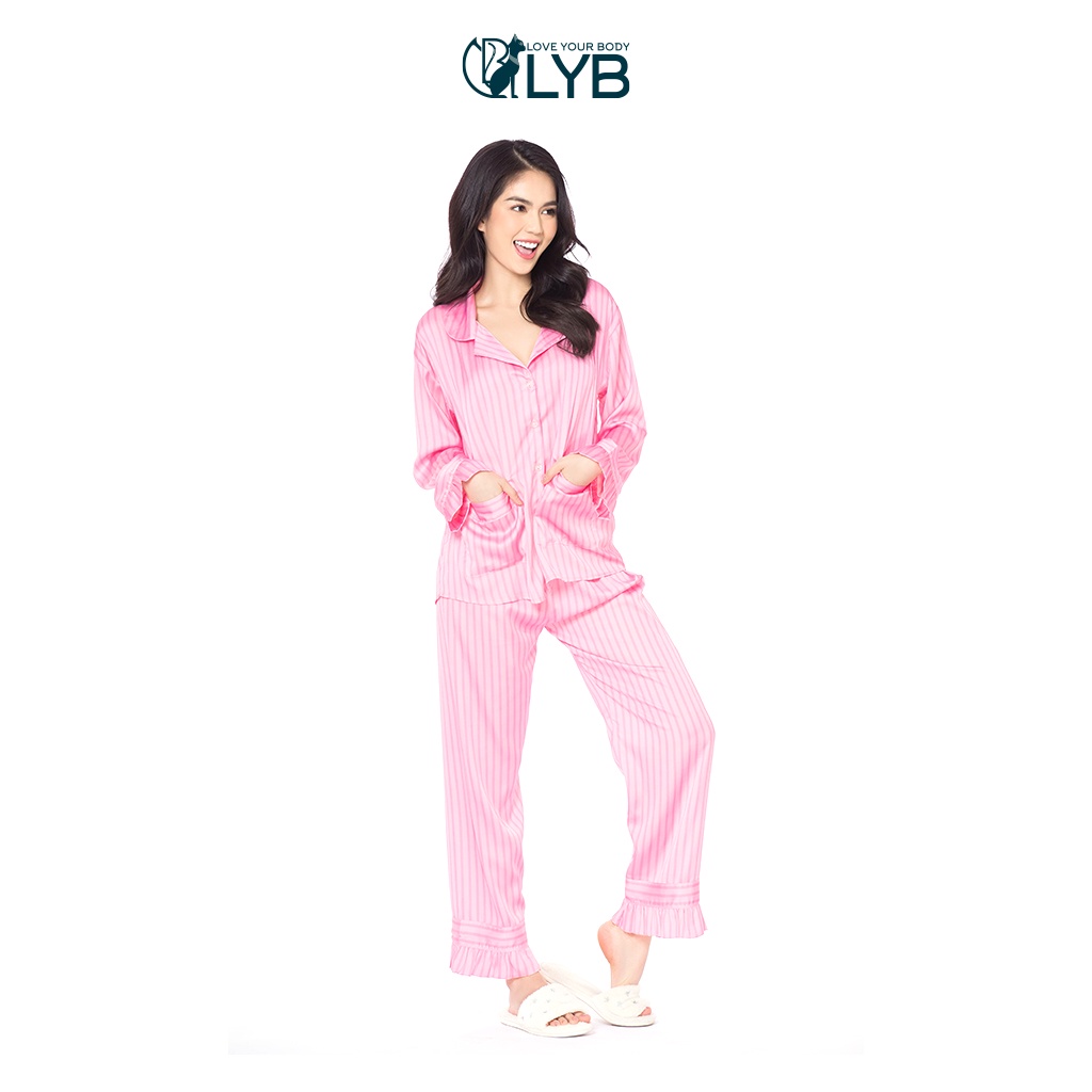 Đồ ngủ lyb pijama lụa dài tay quần form suôn dài màu hồng fw22-h00001