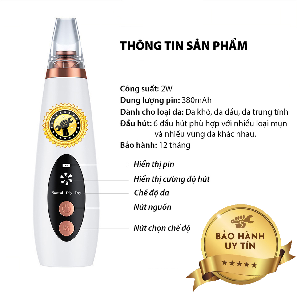 Máy hút mụn đầu đen mụn cám 6 đầu cao cấp, máy hút mụn cực mạnh giảm tổn thương da, sạch nhân mụn và bụi bẩn, bã nhờn