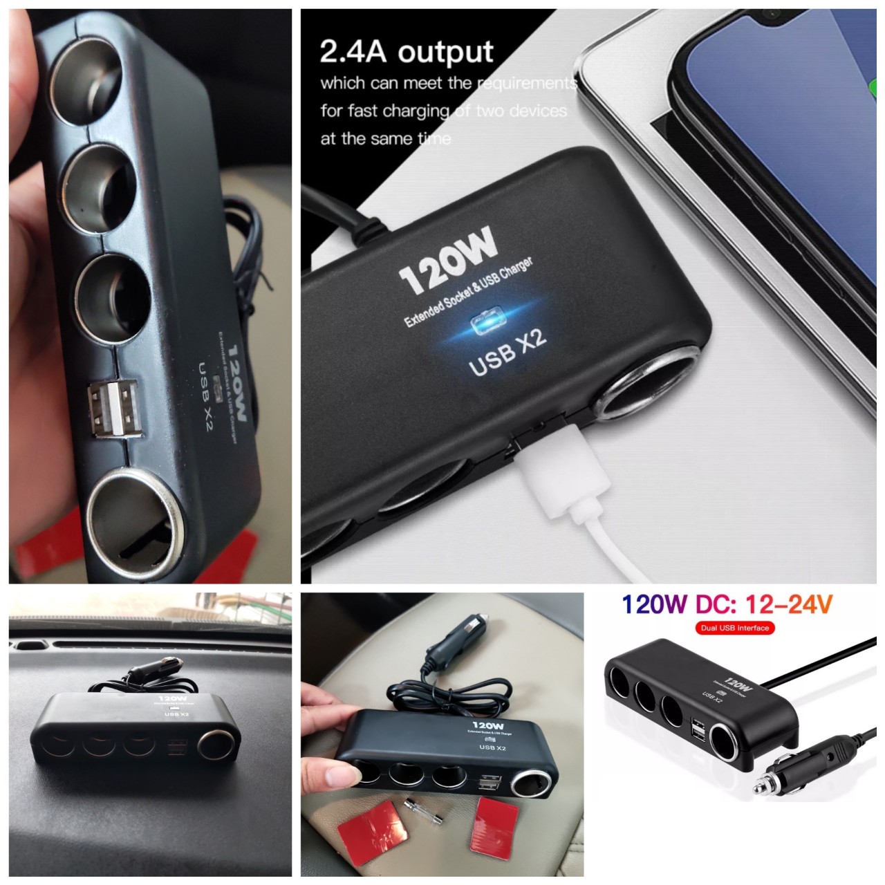 Bộ chia tẩu sạc xe hơi ô tô 12v-24v kèm công USB kép loại 120w lõi đồng chịu nhiệt chống cháy có cầu chì , bộ chia tẩu sạc ô tô loại tốt